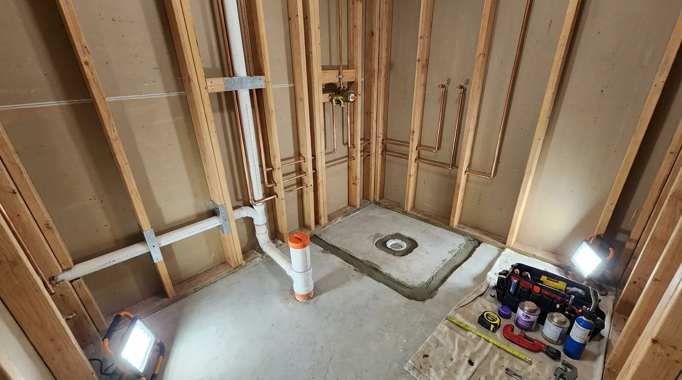 Bathroom rough-in plumbing during remodel by Johns Plumbing LLC in Rock Rapids