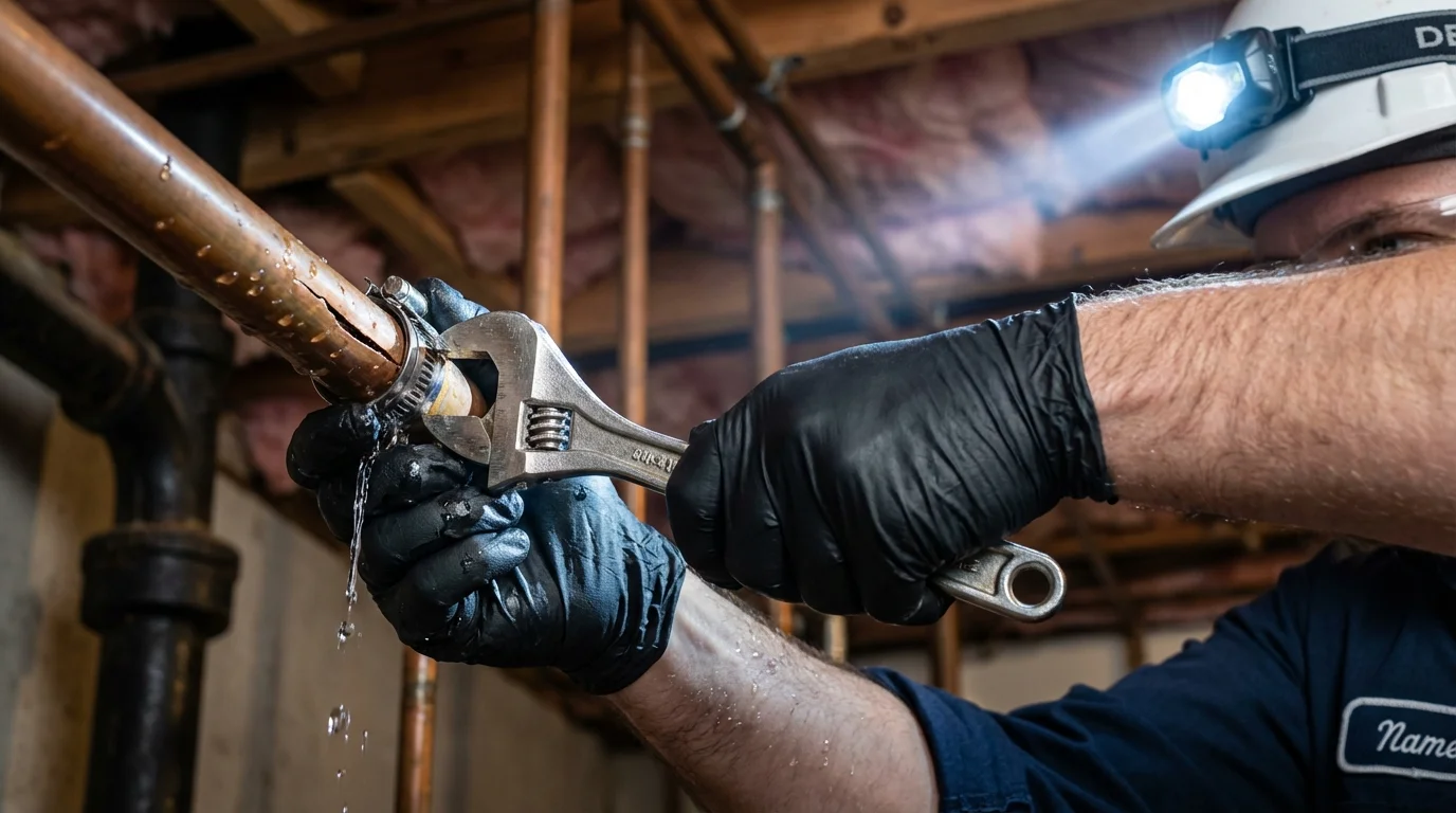 Emergency pipe clamp repair being performed by a Johns Plumbing LLC plumber in Rock Rapids